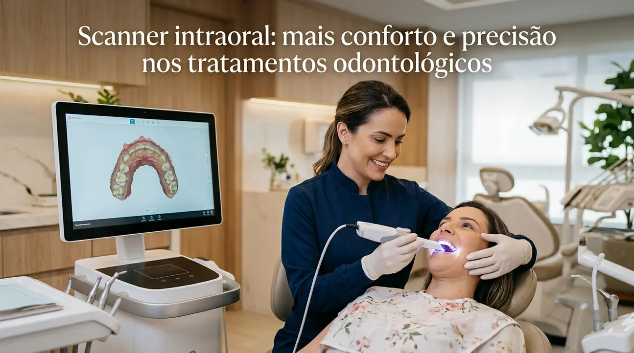 Paciente em cadeira odontológica durante exame com scanner intraoral